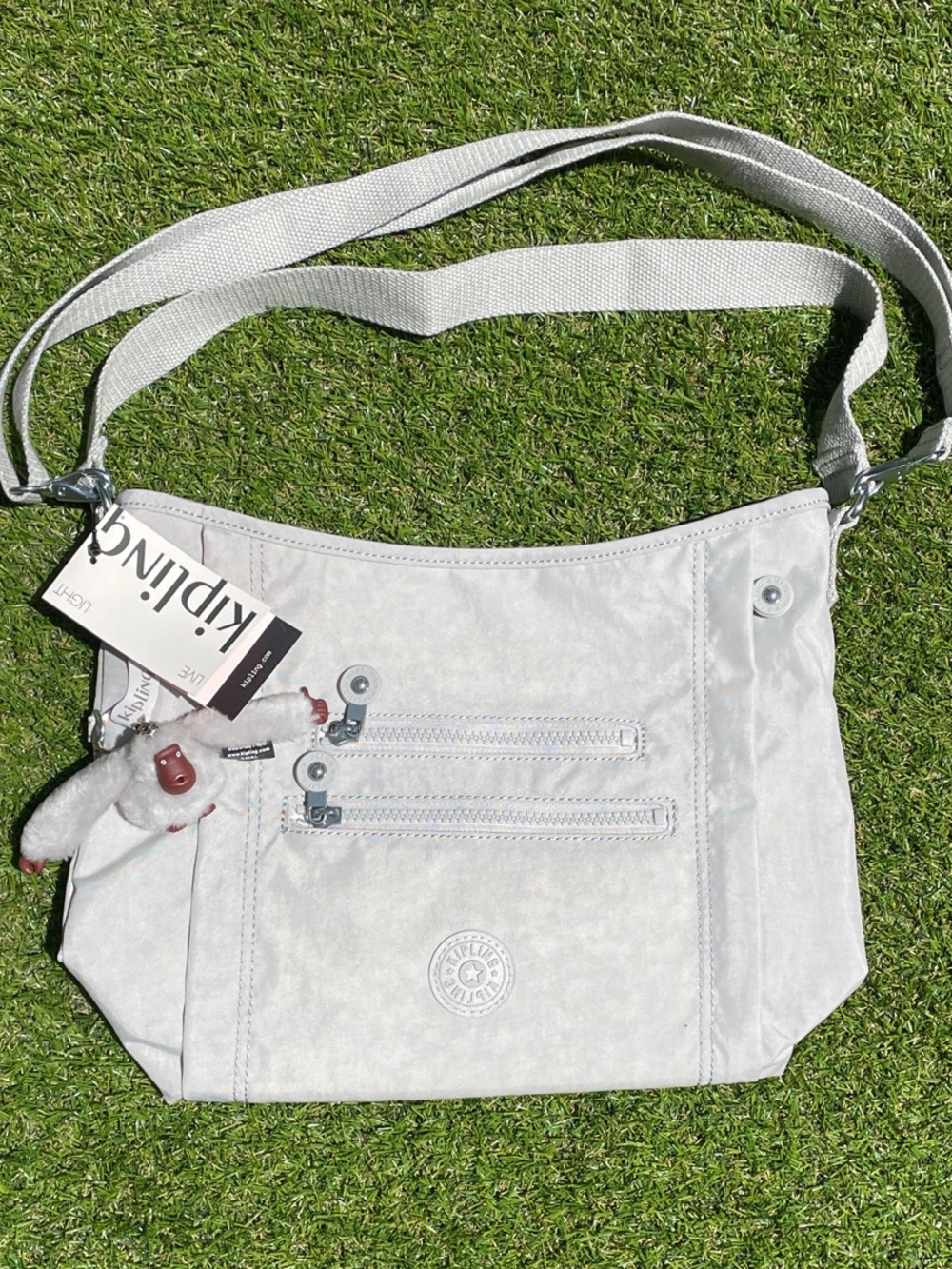 Kipling Light Gray Crossbody Bag with Monkey Charm